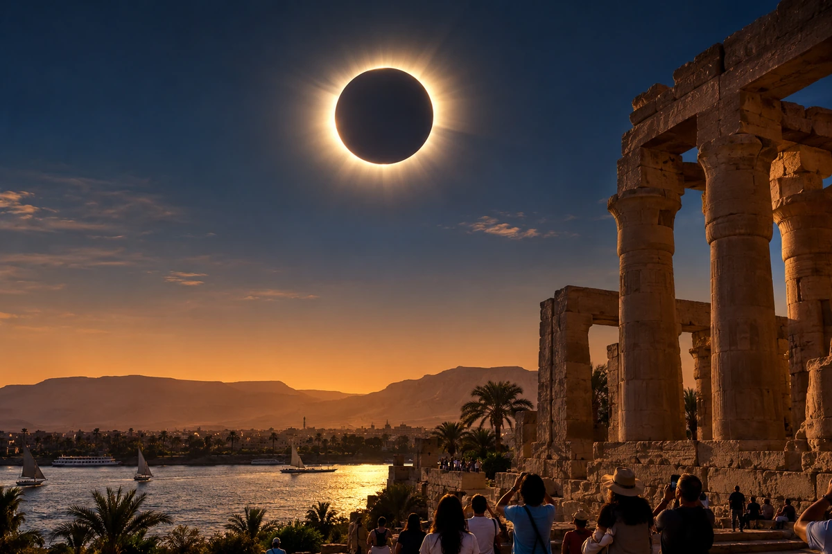 Photorealistic illustration of a total solar eclipse above ancient Egyptian temple ruins in Luxor.