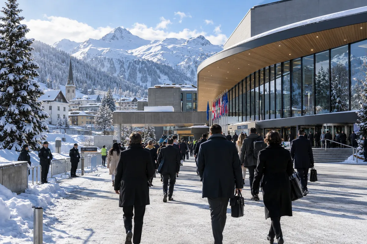 Business delegates walking toward a modern conference center in snowy Davos Switzerland with the Swiss Alps in the background.