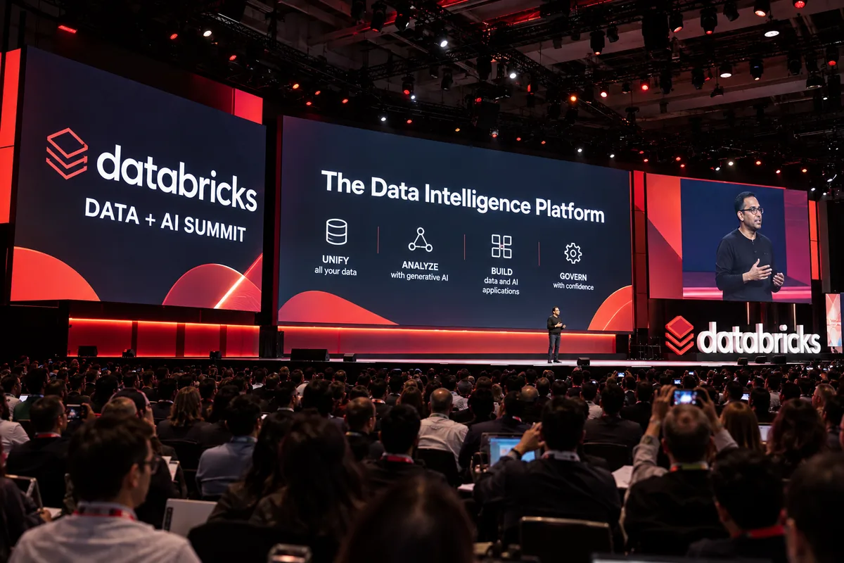 AI-generated illustration of a Databricks Data + AI Summit keynote with a speaker, conference audience and large presentation screens.