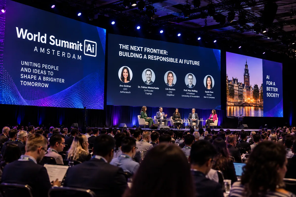 AI-generated illustration of a World Summit AI Amsterdam conference with panel speakers, large digital screens and a professional audience.