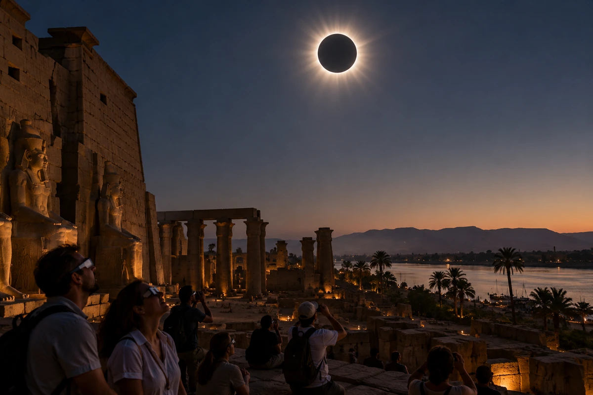 Illustration of a total solar eclipse above ancient Egyptian temple ruins in Luxor with a bright solar corona and spectators.